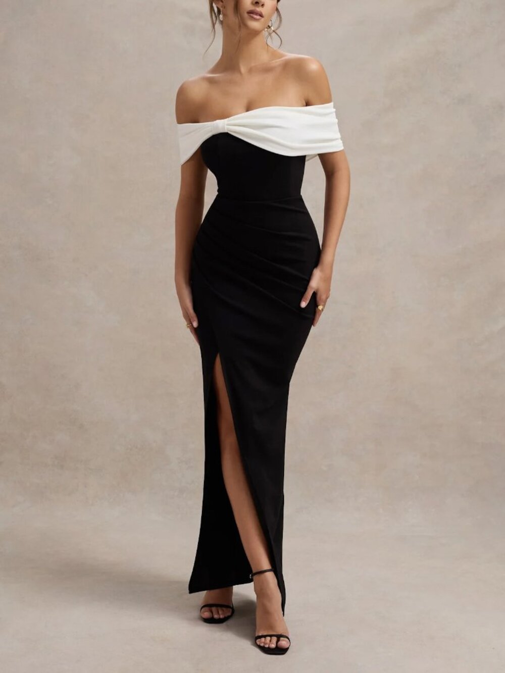 Club London Eva Black & White Bardot Bow Detail Maxi Dress With Thigh Split